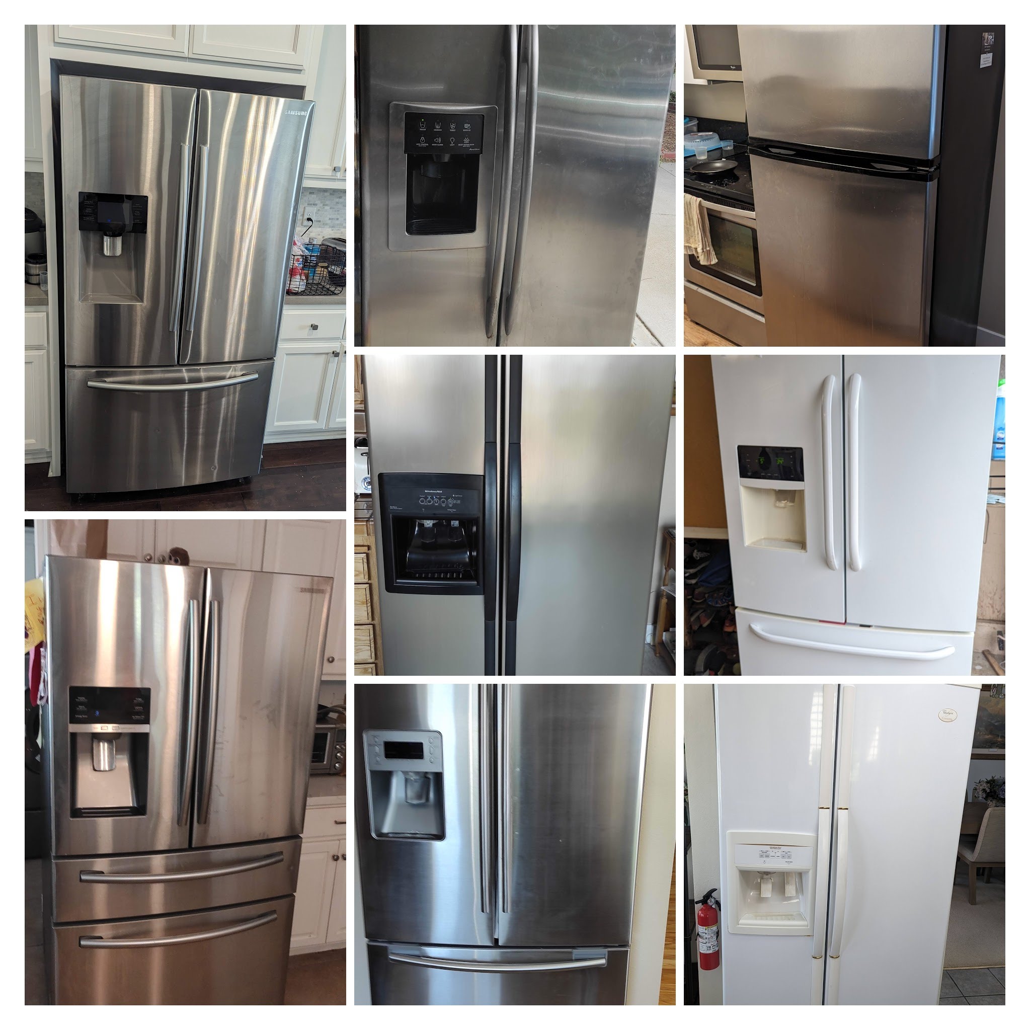A stainless steel double-door refrigerator repaired by M4C in a modern kitchen